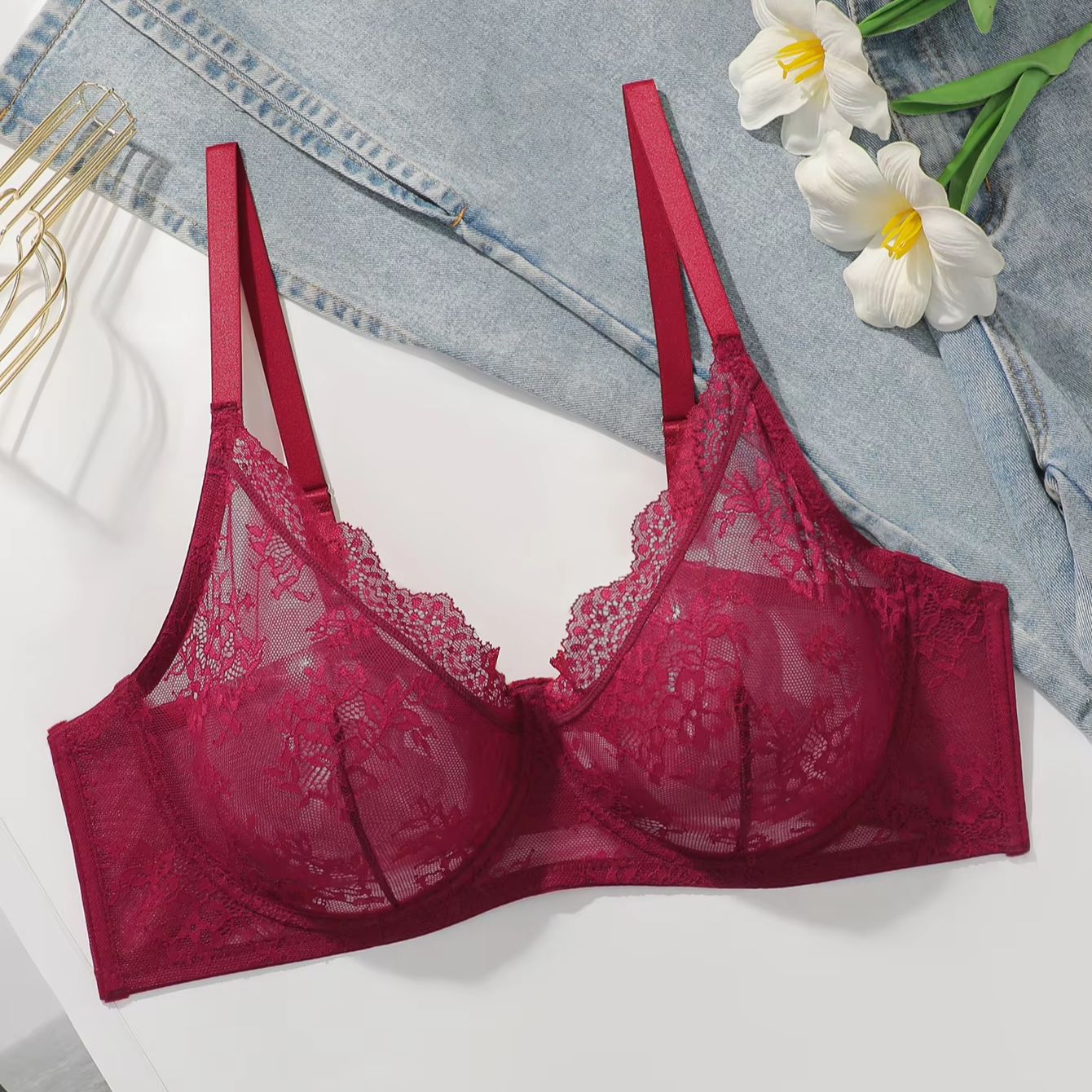 Women Plus Size Red Lace Sheer - Sheer Mesh Bra recension och pris